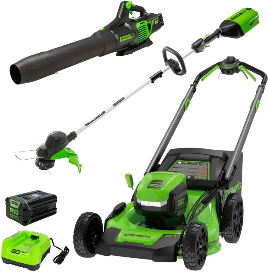 1-430 Greenworks 80V 21” Lawn Mower, 13” String Trimmer, and 730 Leaf Blowers. - Image 1